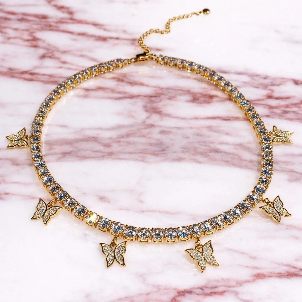 Gold tennis butterfly and square gemstone Choker Necklace set